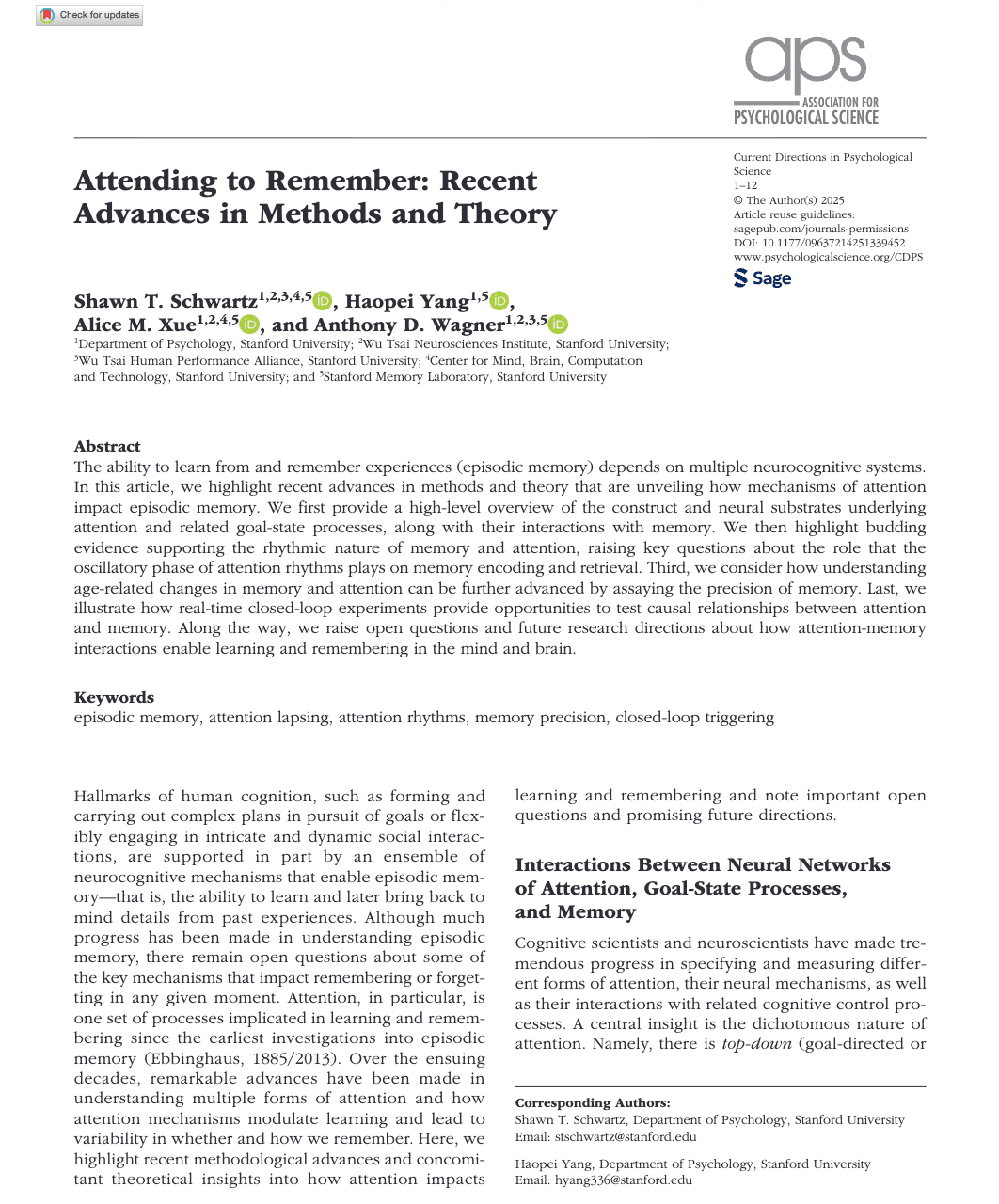 Attending to Remember: Recent Advances in Methods and Theory